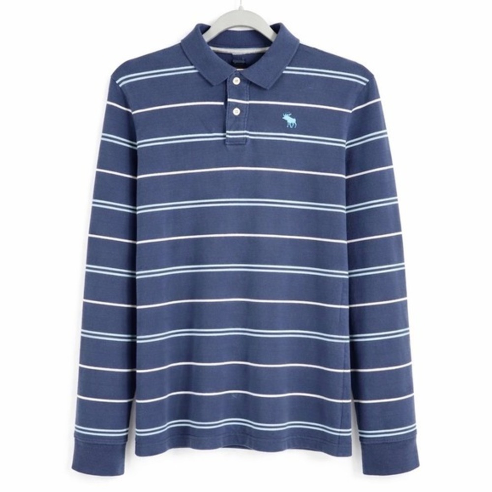 Vintage Y2K Abercrombie Mens Striped Long Sleeve Polo Shirt Blue White Size XL